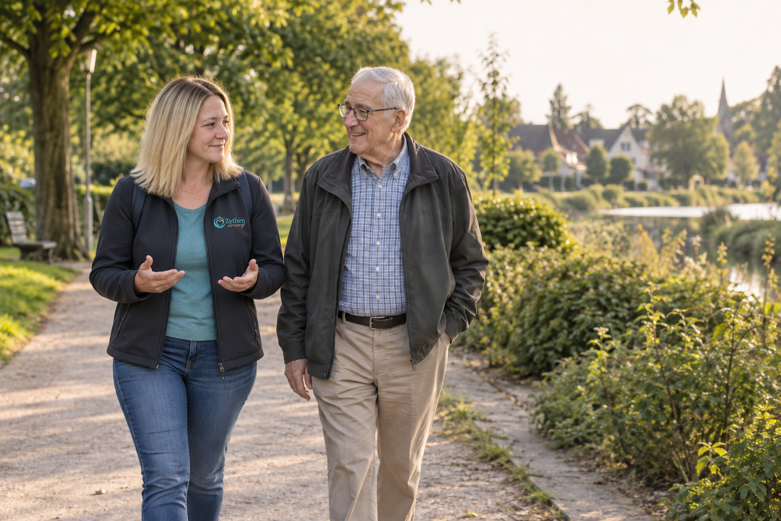 Laura von Zythen umsorgt begleitet einen Senior bei einem Spaziergang