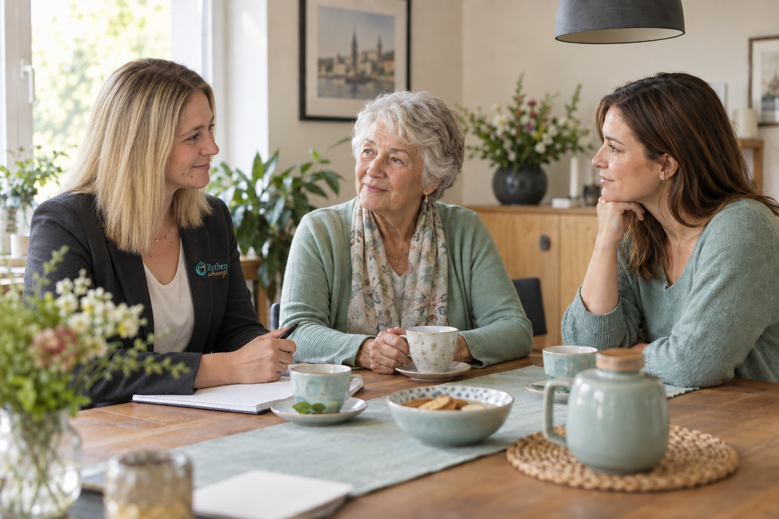 Laura von Zythen umsorgt berät eine Seniorin und ihre Angehörige
